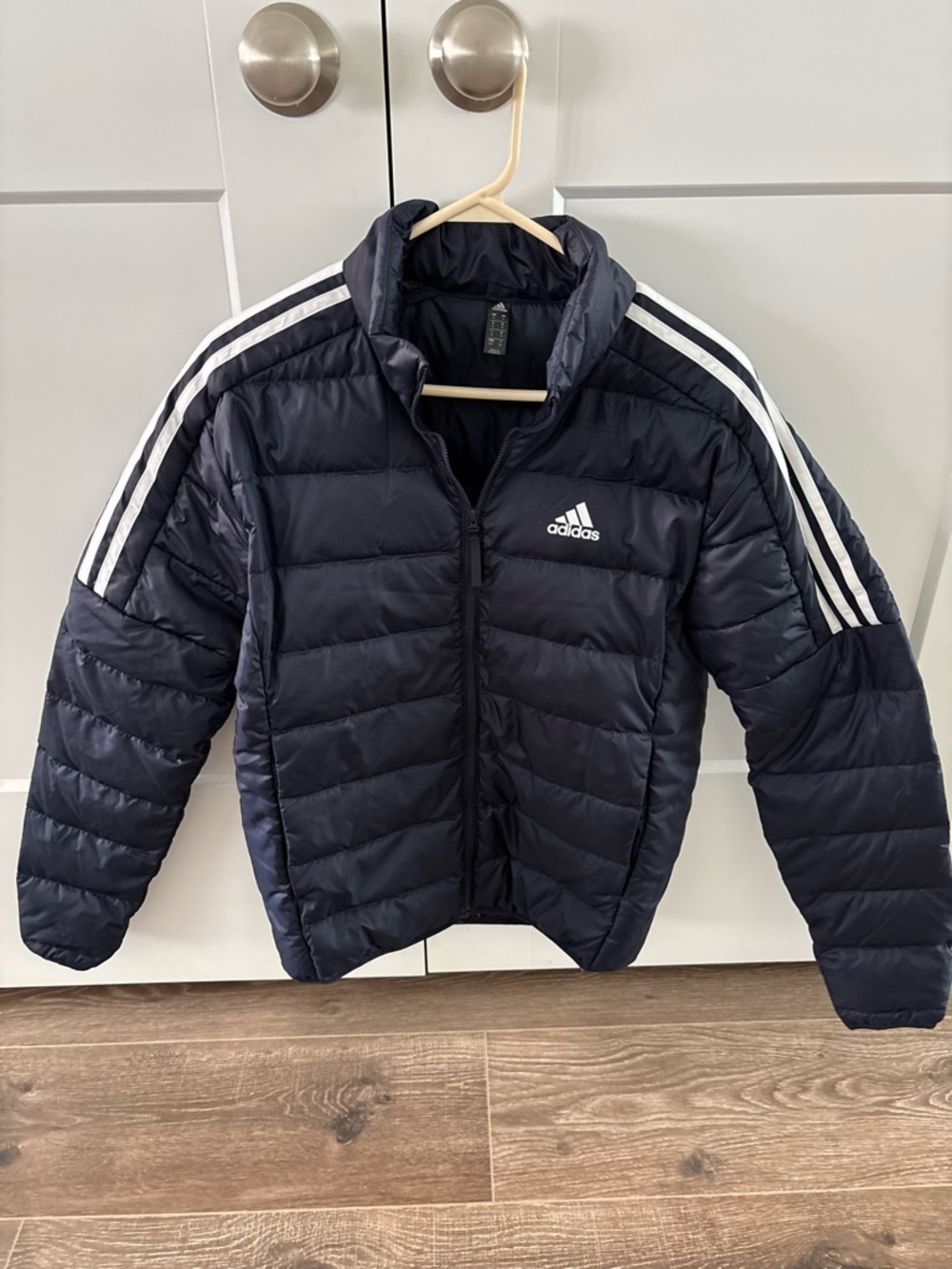 adidas Navy Puffer Jacket with White Stripe Accents